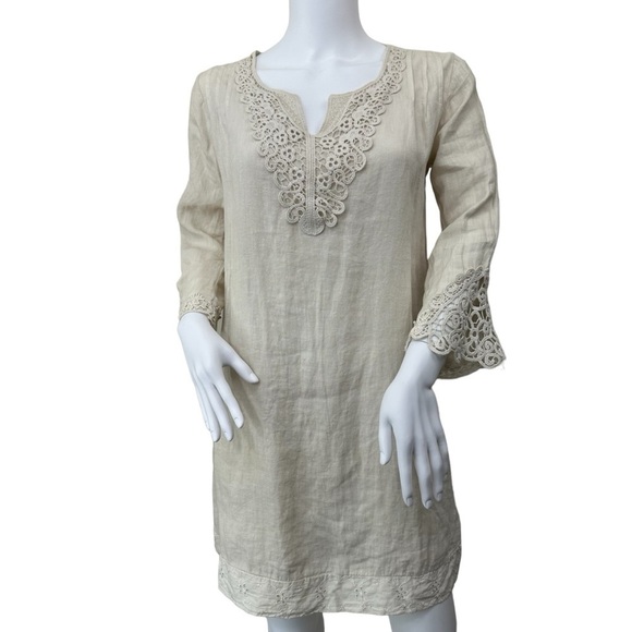 Carla Conti Made in Italy Linen Beige Crochet Lace Dress, XS - Picture 2 of 12